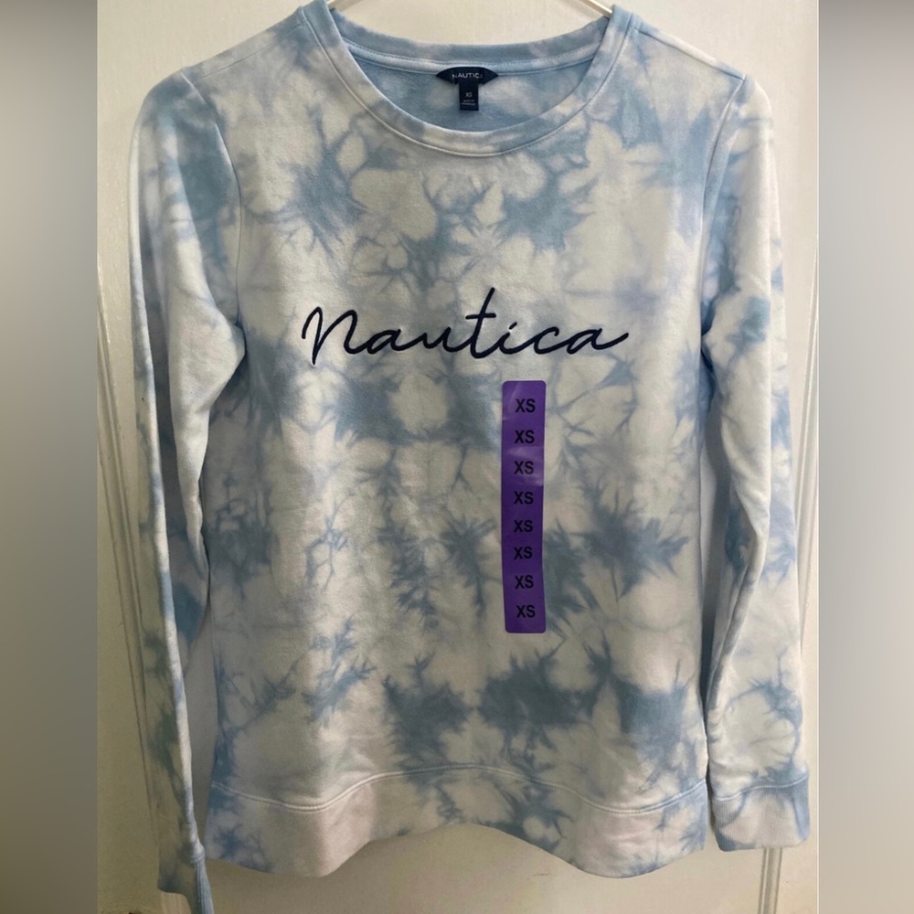 NWT Nautica Blue Cloud Tie Dye Script Logo Crewneck Sweatshirt XS